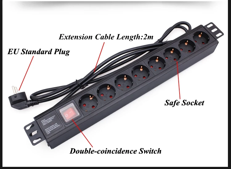 PDU 1U 8 штепсельных розеток европейского стандарта 16A 220 V-250 V розетка для зарядки питания с удлинителем 2 м настенная розетка сетевой адаптер