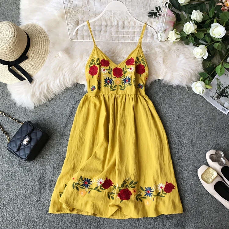 

Summer Beach Ladies Leisure A-line V-neck Embroidery Flowers Short Dress Women Swing Cotton Linen High Waist Slip Dress