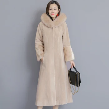 

2020 Winter New Women's Fur Long Hooded Fur Collar Fur Coat Solid Color Long Sleeves Slim Large Size Fur Coat LQ208