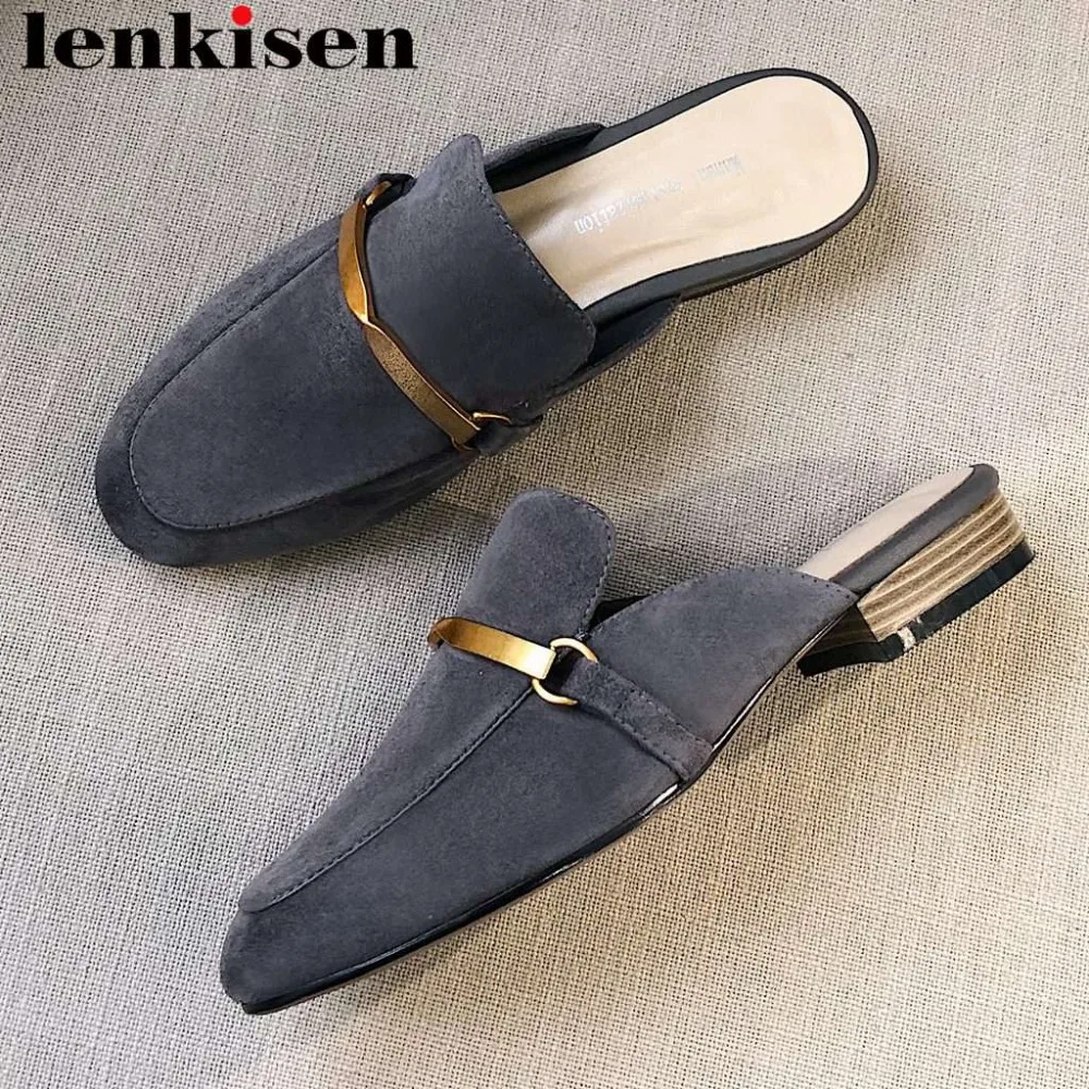 

Lenkisen genuine leather metal decoration slip on mules low heels square toe slingback pumps concise movie star dating shoes L54