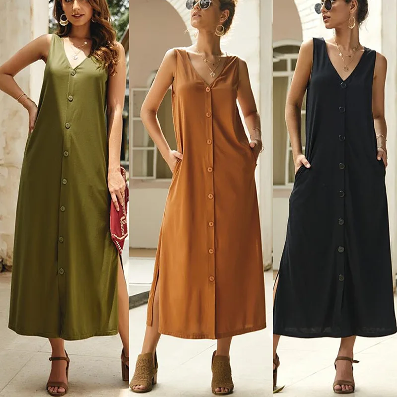 

woman summer new solid color single-breasted dress
