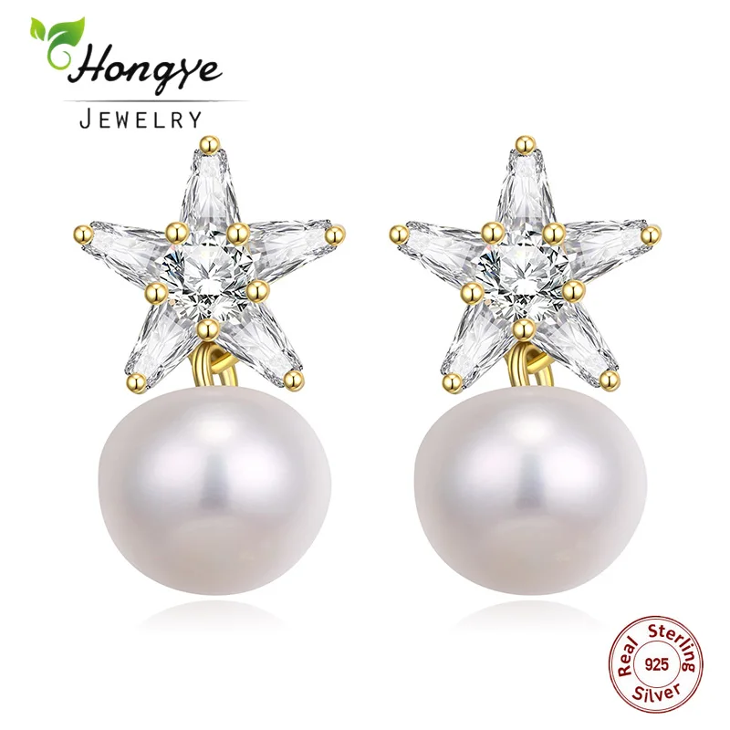 

Hongye Fashion Women Natural Freshwater Pearl Earrings 925 Sterling Silver White Handmade Pearl Bridal Star Earrings Wholesale