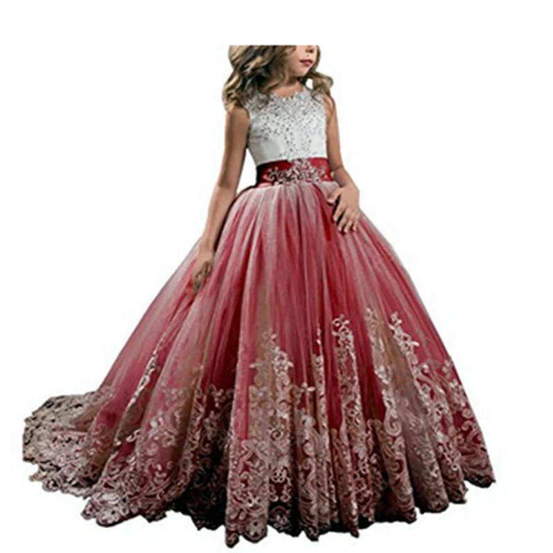 Платья для девочек, держащих букет невесты на свадьбе, с бантом, расшитым бисером, со стразами, на шнуровке, с аппликацией, бальное платье, платье для первого причастия для девочек, на заказ - Цвет: Red wine