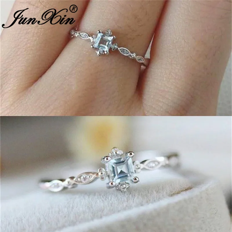 JUNXIN Female Clear Blue Crystal Engagement Rings For Women 925 Silver Filled Small Square CZ Stacking Wedding Thin Ring Jewelry