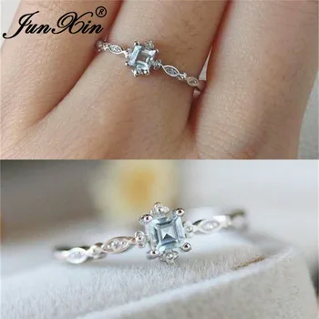 

JUNXIN Female Clear Blue Crystal Engagement Rings For Women White Gold Filled Small Square CZ Stacking Wedding Thin Ring Jewelry