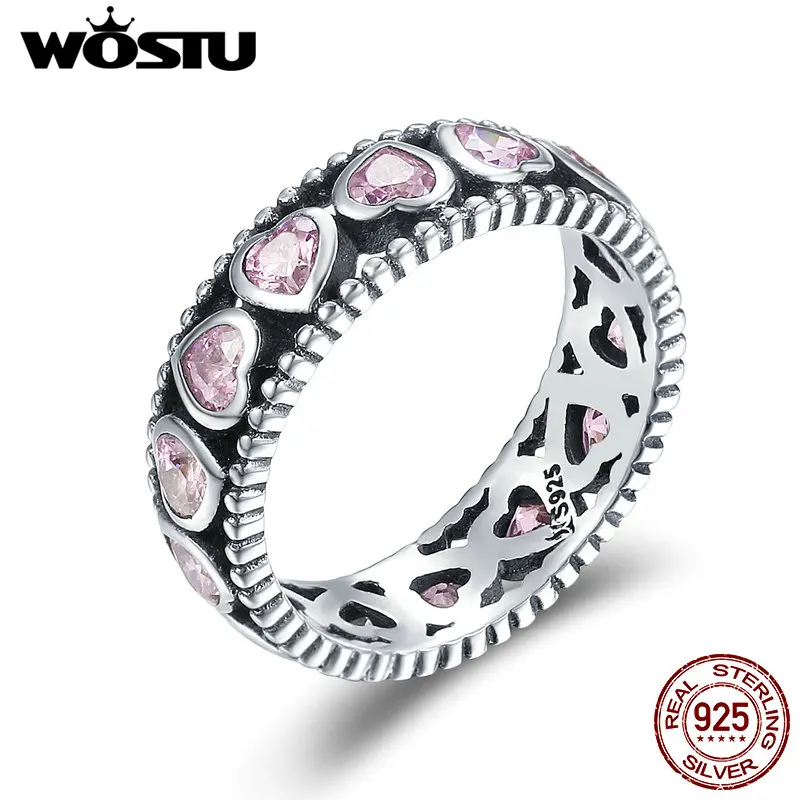 

WOSTU New Trendy 925 Sterling Silver Romance Pink Heart Stackable Rings For Women Fashion Wedding Jewelry Girlfriend Gift CQR166