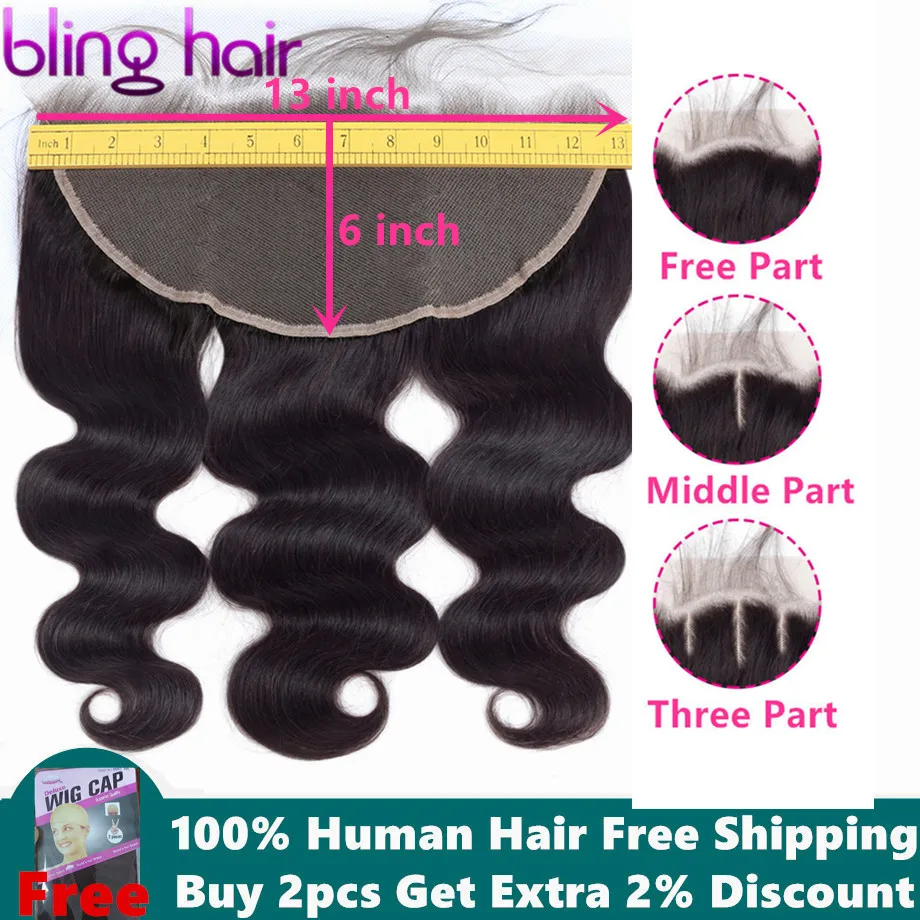 

Bling Hair Body Wave 13x6 Lace Frontal Closure Brazilian 100% Remy Human Hair Lace Closure Free/Middle/Three Part Natural Color
