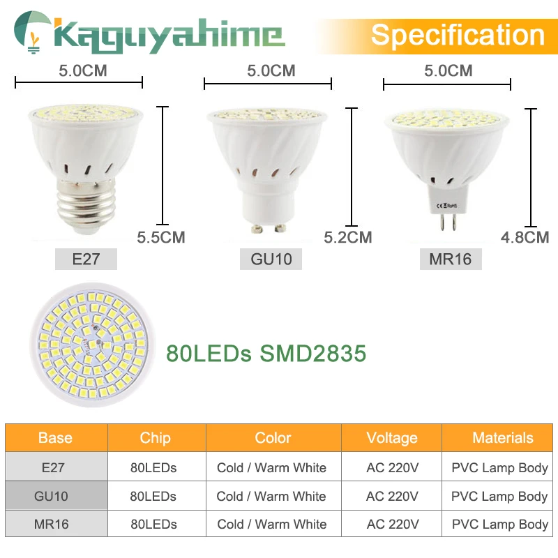 Kaguyahime светодиодный MR16 GU10 E27 лампа 220 В Светодиодный прожектор 2835 SMD светодиодный светильник для выращивания света высокая яркая точечная лампа бомбилья