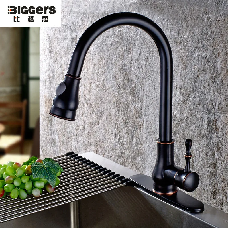 

Free shipping,Black bronze Europ big size copper pull out kitchen faucet single handle kitchen mixer for cold and hot water