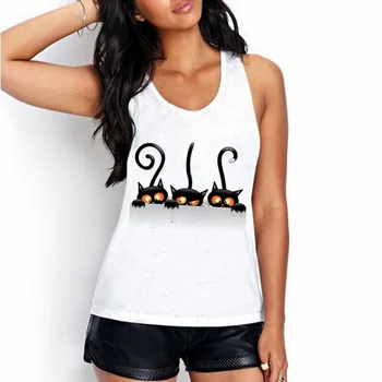 CDJLFH 2017 Newest Women White Tank Tops Cute Cats Theme Print Sleeveless Round Neck Tank Women Tops WBX251