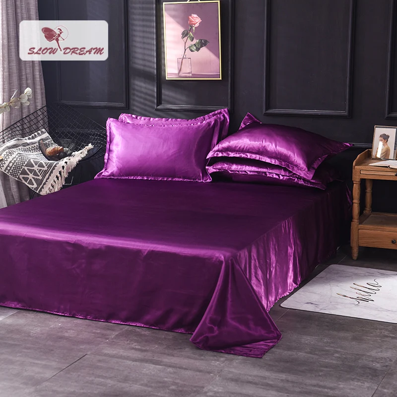 

Slowdream Silky Flat Sheet Purple Solid Color Pure Silk Fabric For Adult Double Queen King Size Bedding Linen Euro Sheet 1PCS