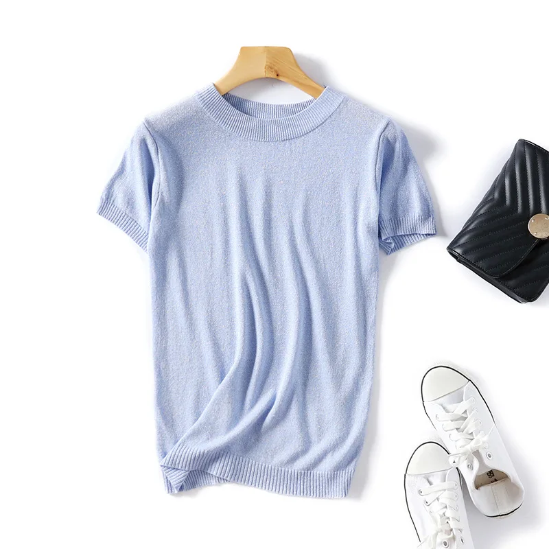 Женская футболка, повседневная, летняя, с короткими рукавами, вязанный Топ, круглый вырез, блестящая, свободная, ледяной шелк, футболка, топы размера плюс, с блестками, базовые Топы