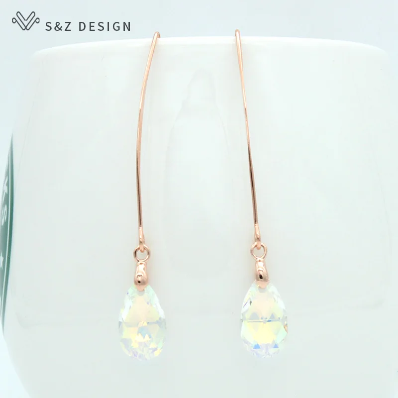 S&Z DESIGN New Fashion 585 Rose Gold Color Crystal Water Drop Dangle Earrings For Women Party Jewelry Gift Long Ear Hook