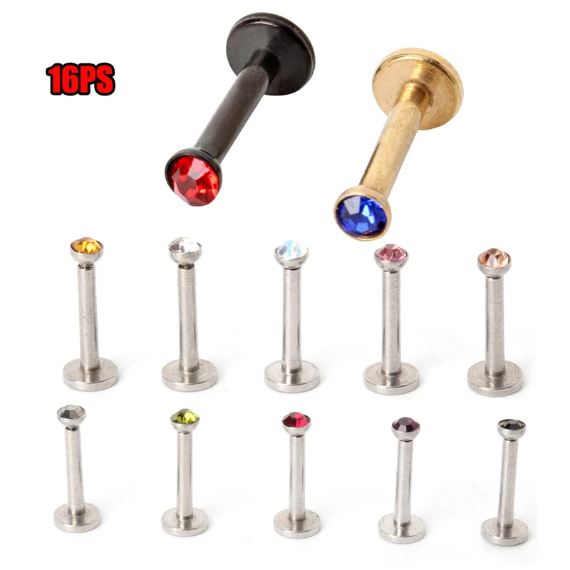 16 x Piercing Levre en Acier Inoxydable Strass Multicolore Femme 1.2mm