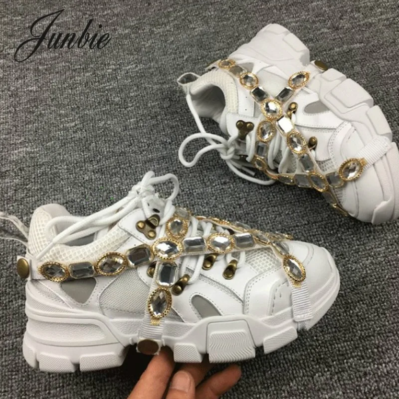 

JUNBIE New Genuine Leather Gladiator Lace Up Women Casual Shoes Crystal Belt Fashion Party Shoes Women Ladies Shoes