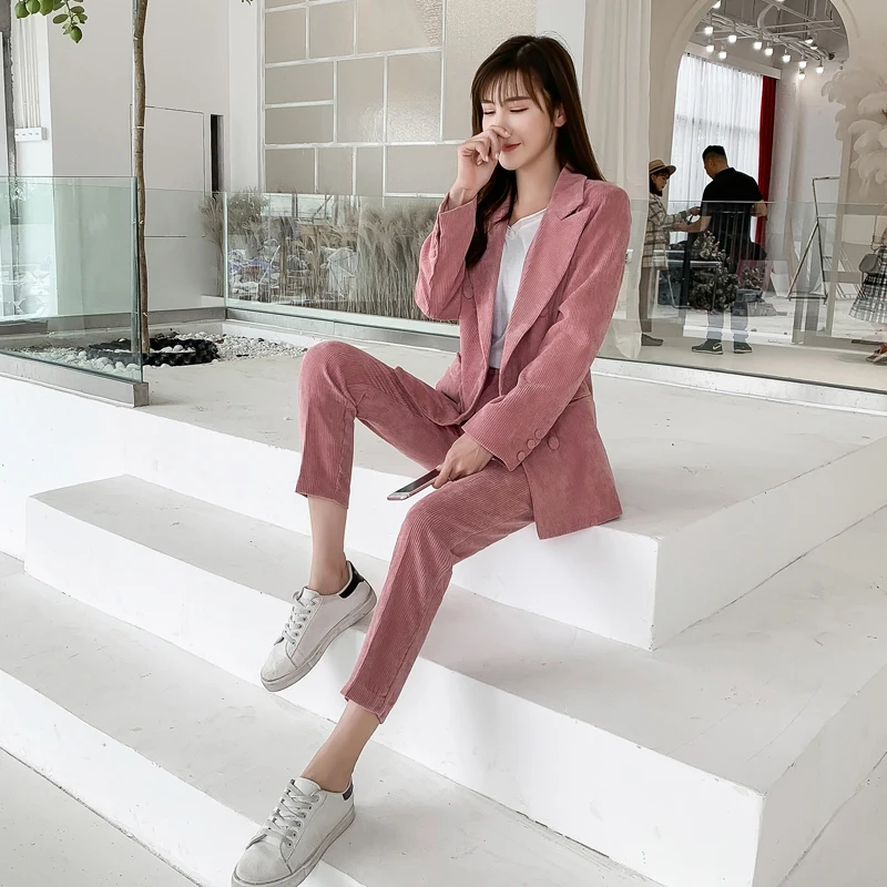 Autumn And Winter New Women's Corduroy Blazer Two Piece Sets Notched Collar Casual Jacket Loose Female Clothing