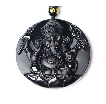 

Natural Black Obsidian Carved Ganesh Elephant Lucky Pendants Free Necklace Fine Stone Crystal Fashion woman man Amulet Jewelry