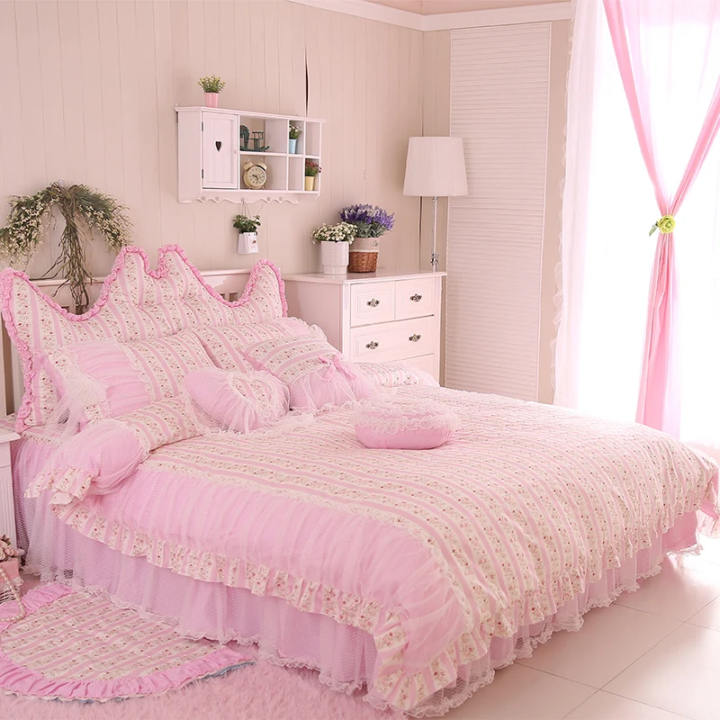 ثلاثة لون مجموعة مفروشات زهرة حاف غطاء السرير تنورة كشكش الدانتيل الأميرة المنسوجات نوم الرعوية نمط 4/6/8 قطع
