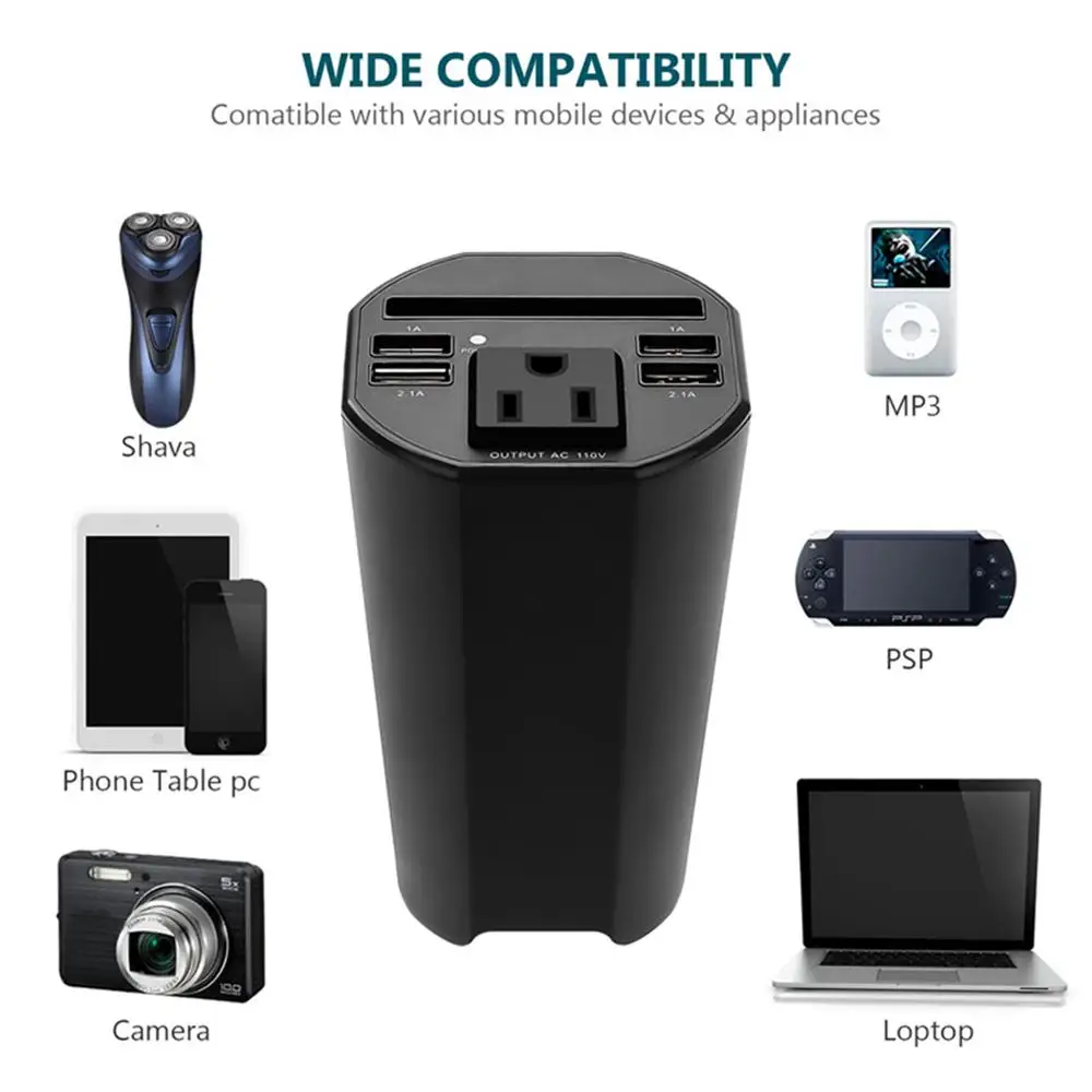 Adaptador de Tomada de Carregador de Suporte de Copo do Carro para Iphone 150w de Potência do Inversor 12v a 110v Converter Plug para Iphone x xr 8 Computador Portátil dc ac - Image 3