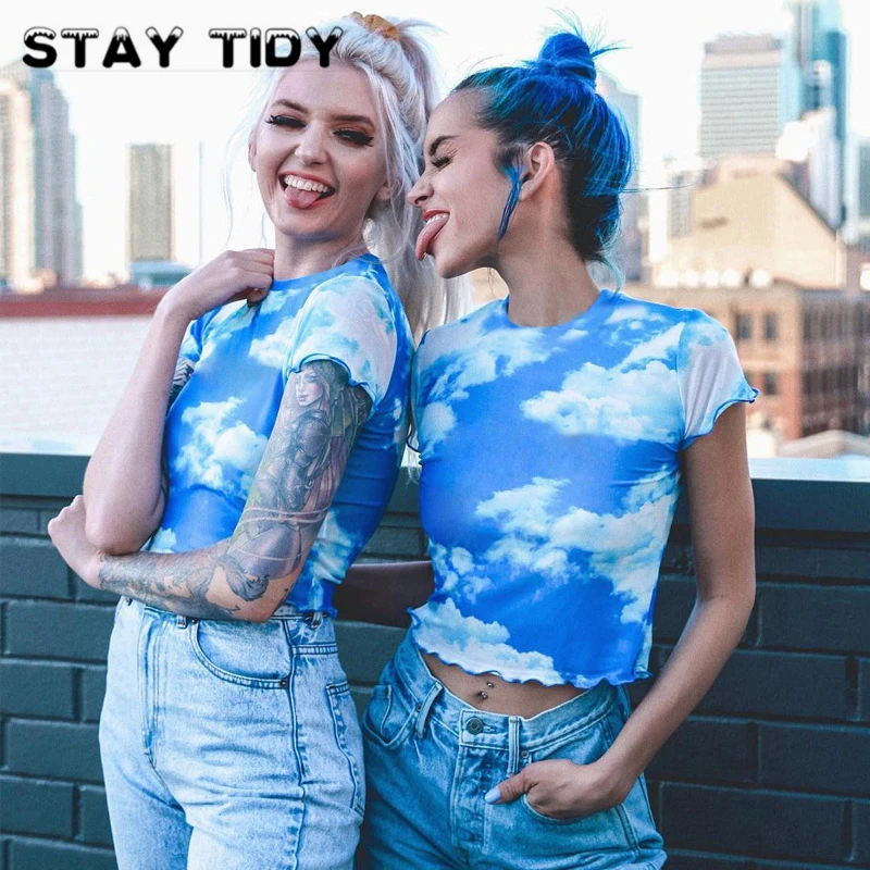 

STAY TIDY Blue Mesh See Through Cloud Print Crop Tops Summer Women Short Sleeve O Neck Elastic Slim T Shirt Sexy Streetwear 2019