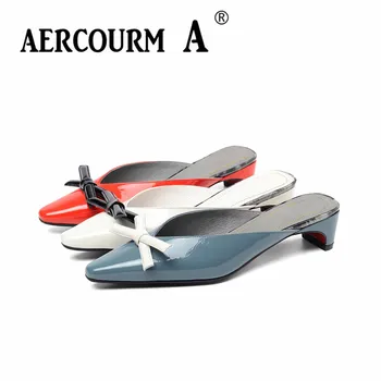 

Aercourm A 2019 Women Solid Color Mixed Color Pumps Lady Genuine Leather Shoes Square Middle Heel Pumps Bow-knot Red Blue Shoes