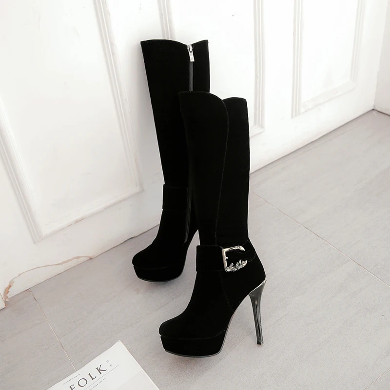 WETKISS/женские ботинки на шпильках обувь на резиновой платформе с круглым носком, на молнии, со стразами женские сапоги до колена женская обувь г., черный цвет