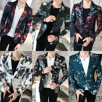 

Mens Korean Floral Print Slim Fit Blazers Jacket One Button Jackets Outwear Coat