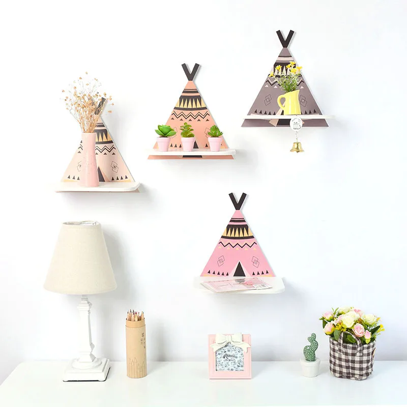 

Nordic INS Wooden Cartoon Tent Pattern Storage Racks Creative Wall Mount Hanging Books Display Shelves Kids Room DIY Decoration