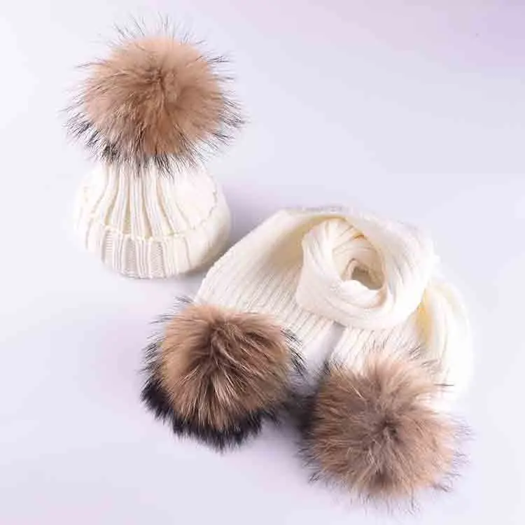 Зимняя детская теплая Толстая шляпа шарф-перчатка, комплект из 2 предметов, вязанный Натуральная шерсть, шапка с помпоном, комплекты детские вязаные шапки шарфы-кольца для мальчиков и девочек