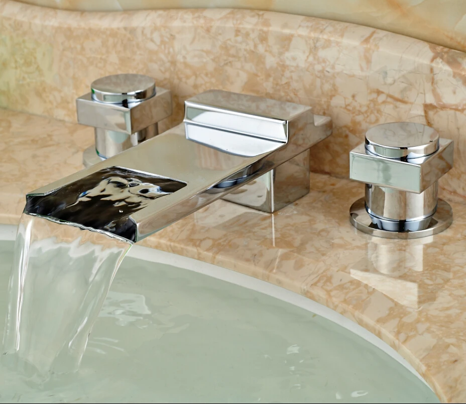 Bathroom Long Spout Waterfall Bathroom Square Faucet Widespread Basin