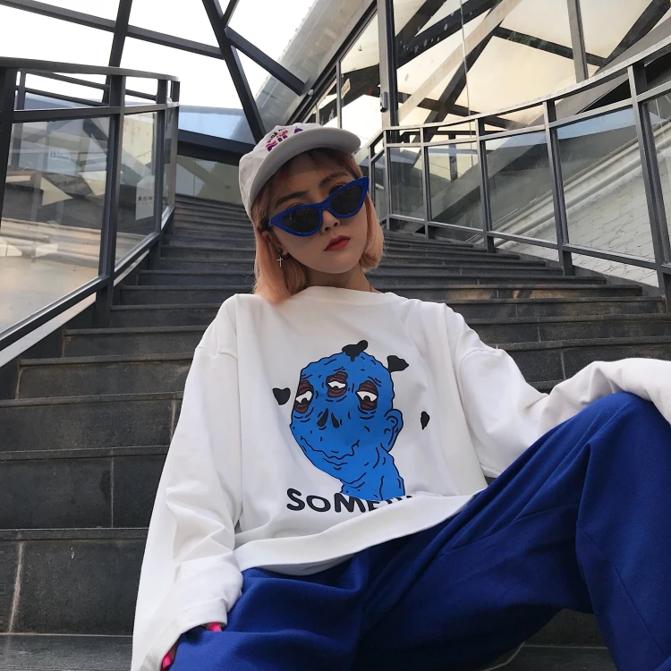 Осенняя модная женская футболка Корейская Ulzzang Harajuku Смешные Мультяшные принты с