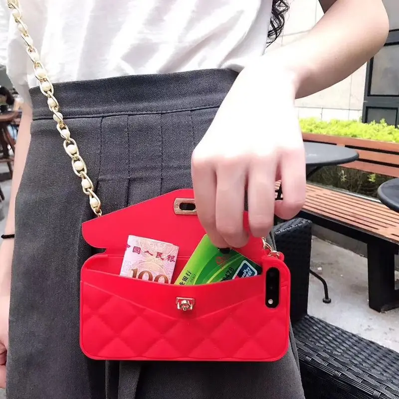 

GYKZ For iPhone 7 8 X 6s 6 Plus Phone Case Cover Fashion Soft Silicone Card Bag Metal Clasp Women Handbag Purse With Chain
