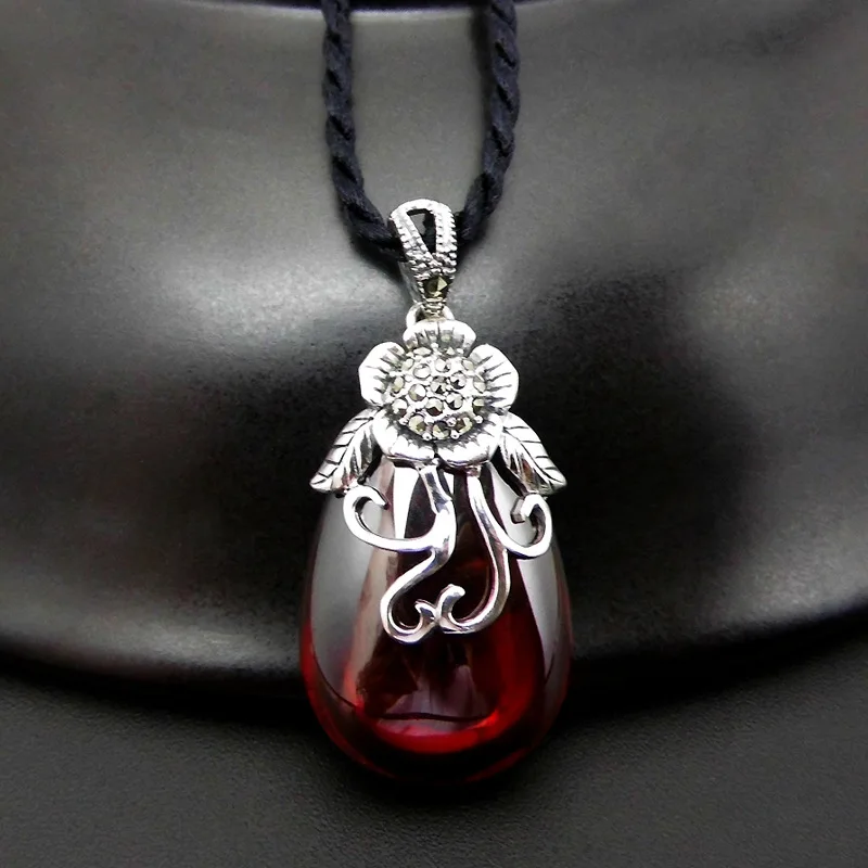 

FNJ 925 Silver Flower Pendant New Fashion Red Stone S925 Original Thai Silver Pendants for Women Jewelry Making
