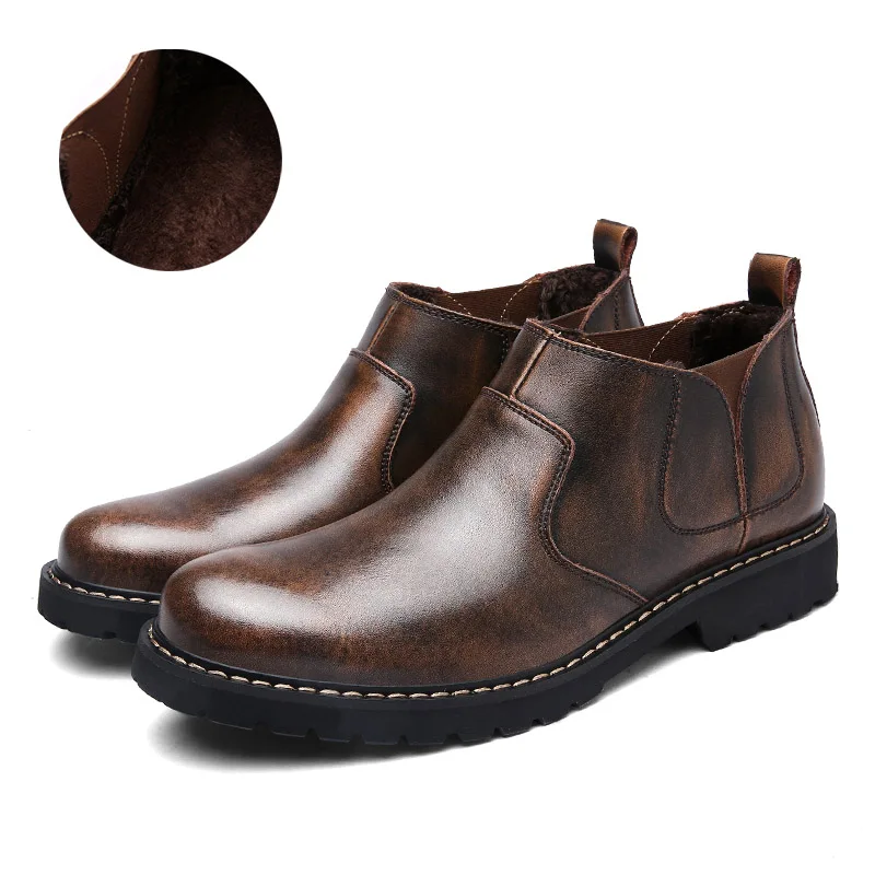GILAUGH/ г.; зимние теплые мужские ботинки; модные ботинки «Челси» с подкладкой из байки; кожаные ботильоны ручной работы - Цвет: Brown plush