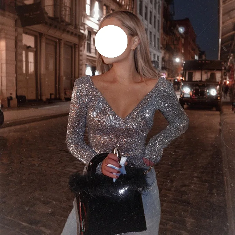 

Sexy Women's Clothing V-neck long sleeve Slim fit T-shirts club fashion woman tops Spring Summer sequined Silver Tees new