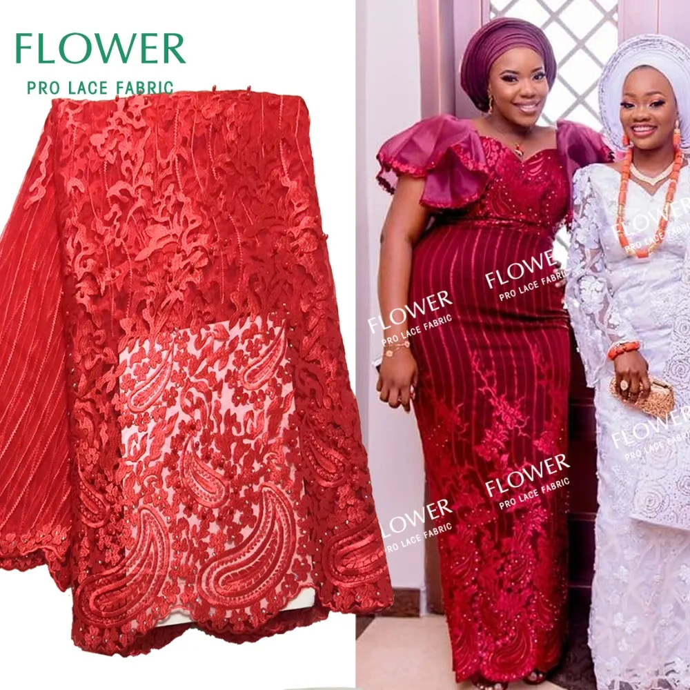 

Red Christmas Color African French Stones And Beads Net Lace Fabric 2019 New Fashion Nigerian Embroidered Guipure Wedding Laces