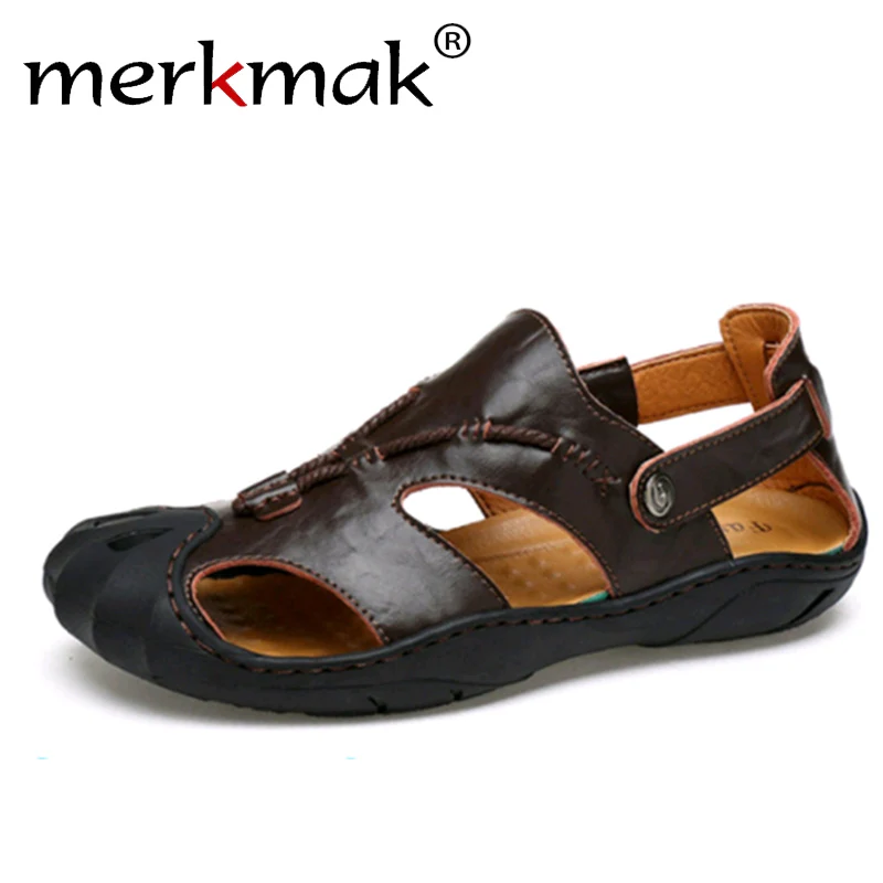 

Merkmak Men Sandals Summer Genuine Leather Handmade Outdoor Casual Beach Shoes Anti-shock Footwear Breathable Sandals Big Size