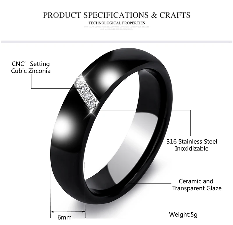 Новинка, 6 мм, Кристальное керамическое кольцо, кубический цирконий, камень, черный и белый цвет, Женские Ювелирные изделия, обручальное кольцо, подарки для женщин