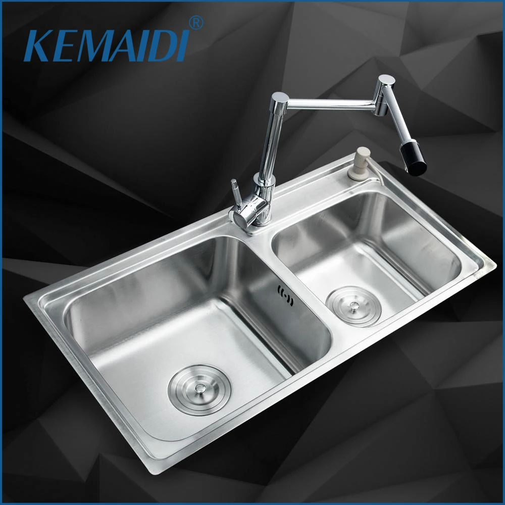 

KEMAIDI Kitchen Stainless Steel Sink Vessel Kitchen Washing Dishes Double Bowl SS-98528-4/110 +Brass Swivel Vanity Faucet Sets