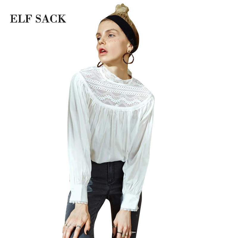 

ELF SACK Stylish Women Lace Shirts White Stand Collar Vintage Female OL Literary Blouses Lantern Sleeve Casual Top Blouses