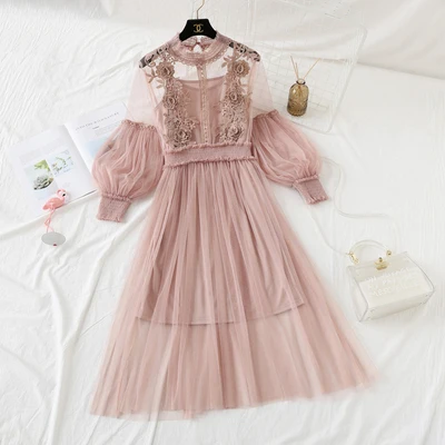 Лето, милое женское платье миди, элегантное, с цветочной аппликацией, в сетку, в стиле пэчворк, Vestidos Verano, рукав-фонарик, женское платье - Цвет: light pink