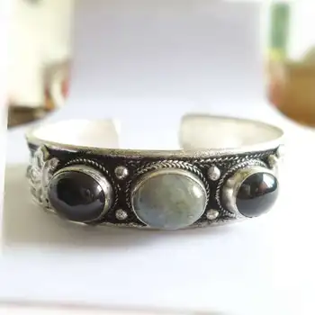 

Tibetan inlaid Multi Stone Beads Open Cuff Bangles Black Agates Tiger Eye Labradorite Nepal Vintage Jewelry BB-116