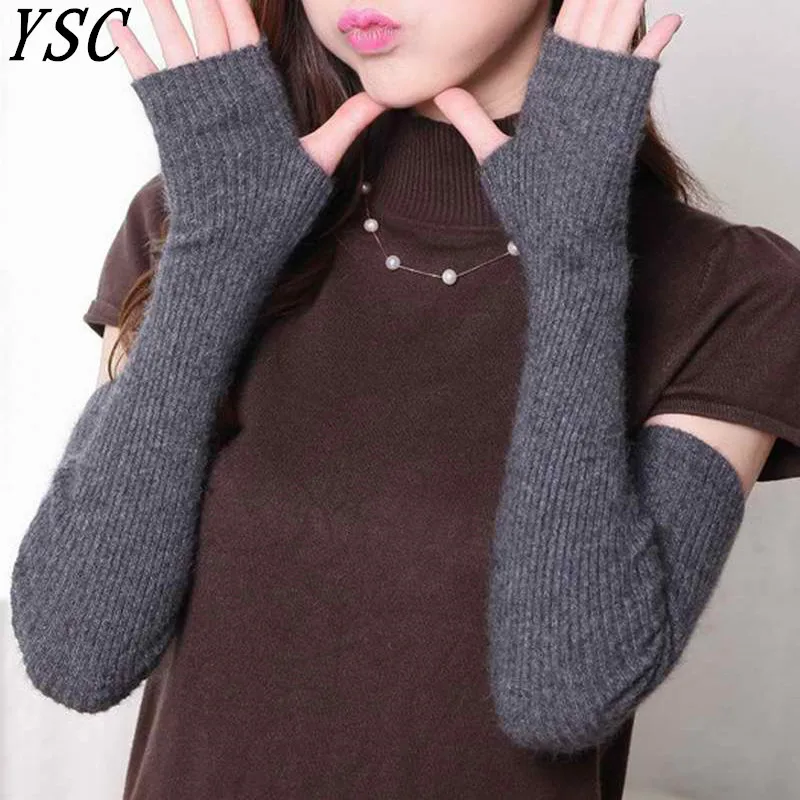 

YUNSHUCLOSET Hot Sales women's Cashmere knitted female gloves 40cm 50cm 60 cm long arm Mittens High Quality Free Shipping