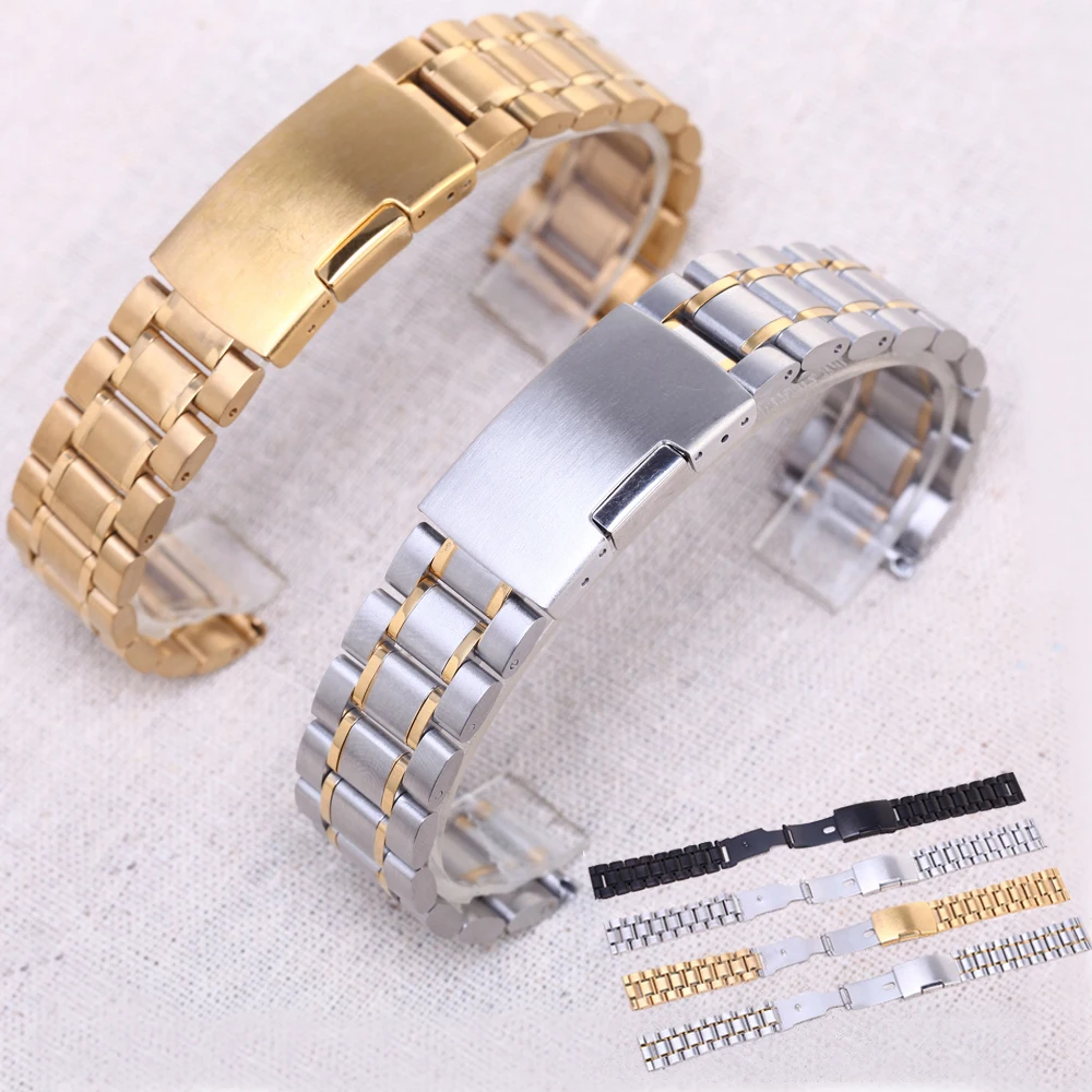 

14mm 16mm 18mm 20mm 22mm 24mm Durable Classic Buckle Stainless Steel Watch Band Wrist Strap Women Men's Bracelet Wholesale w pin