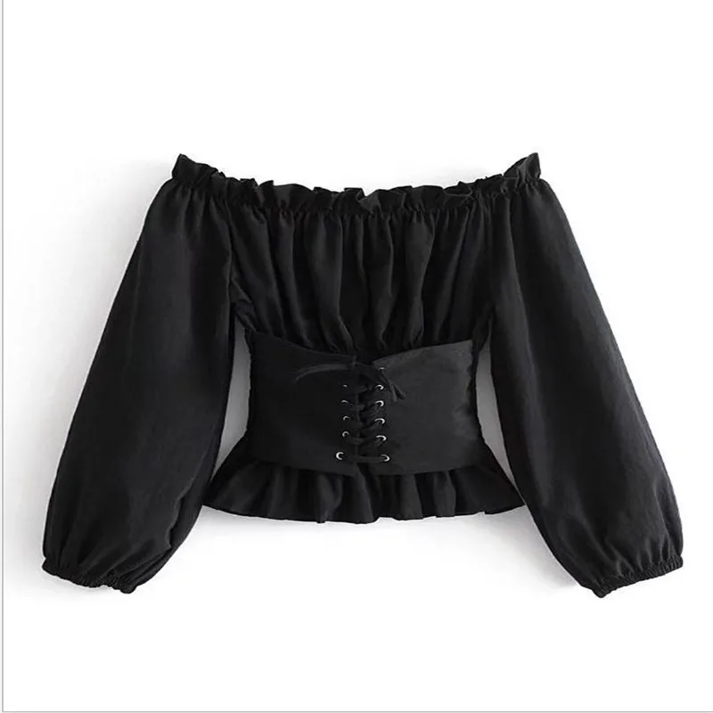 Sexy Women 2019 New Spring Summer Slash Neck Short T-Shirt Female Corset Strap Lantern Long Sleeve Slim Sexy T-Shirts CQ1144 Sexy Women 2019 New Spring Summer Slash Neck Short T-Shirt Female Corset Strap Lantern Long Sleeve Slim Sexy T-Shirts CQ1144