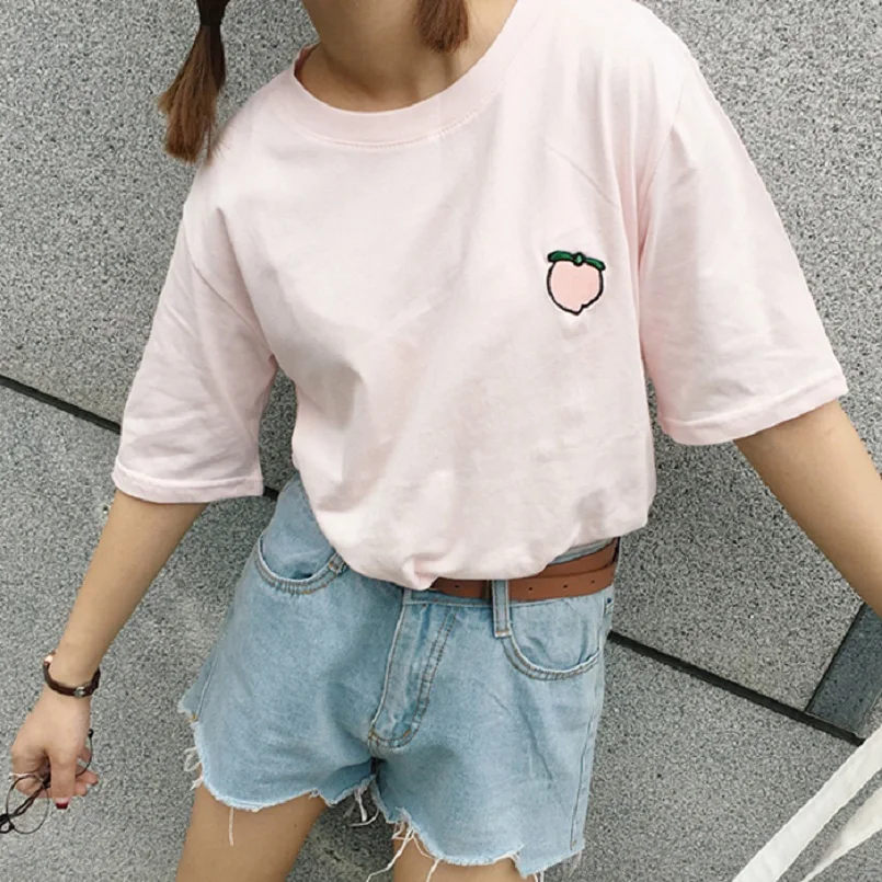 2020 Summer women's Japanese soft sister cute fruit embroidery loose basic wild thin short sleeve T shirt students | Женская одежда
