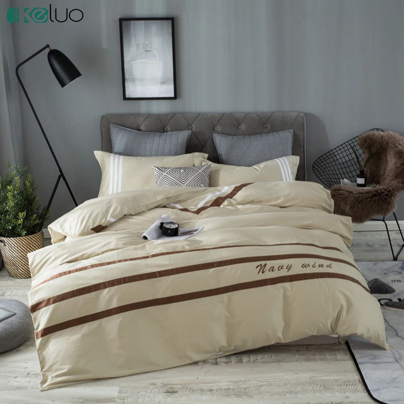 

KELUO 100% Cotton 3/4Pcs Stripe Simple Beige Camel Bedding Set Light Luxury Duvet Cover Set Printed Bedspreads Flat Sheet