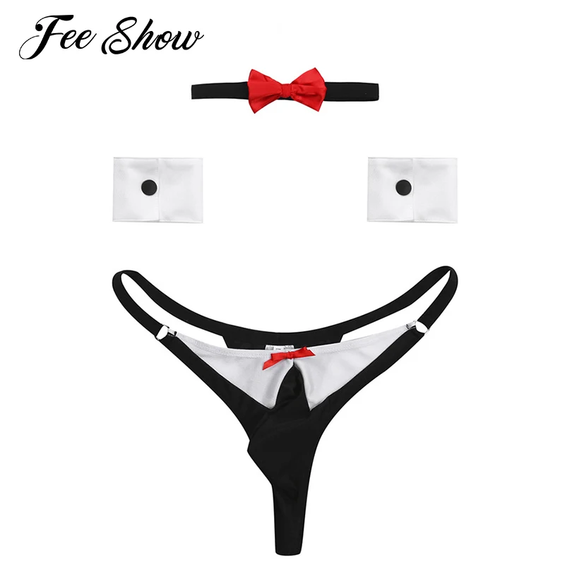 New Arrival Black Mens Butler Lingerie Bow Tie Tuxedo Thong G String Briefs Bikini With Collar