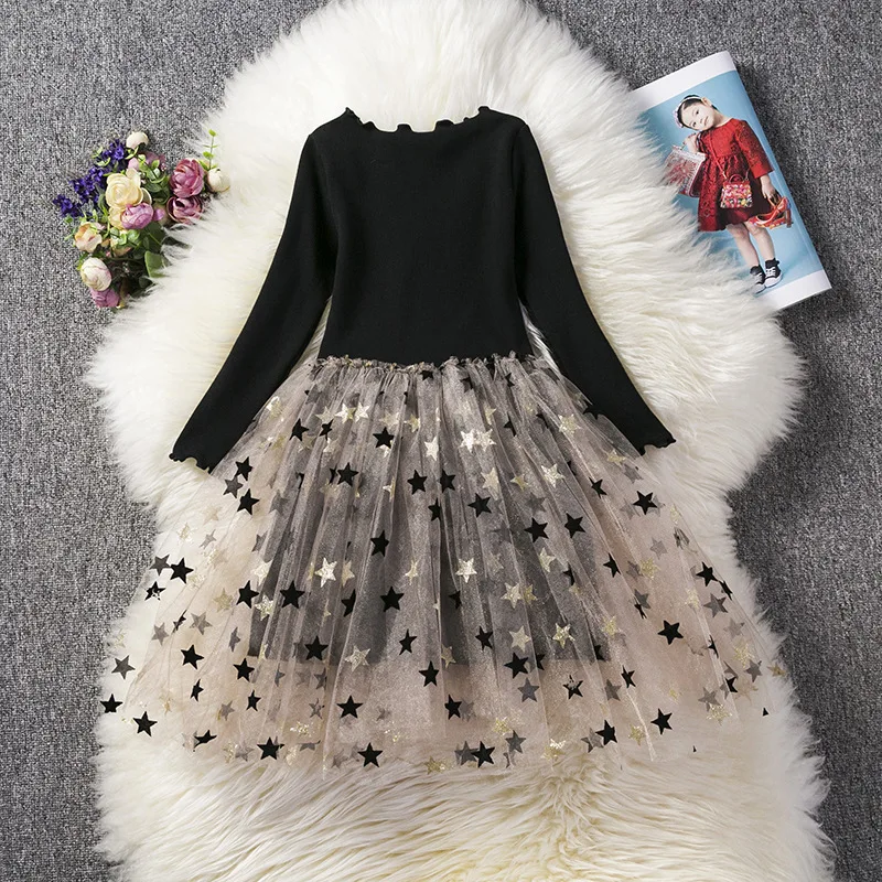 

2019 Spring Girls Dresses for Little Kids Full Sleeves Princess Knit Princess Star Dress Autumn Fall 2-8 Years Children Clothing