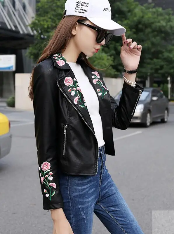Pu Des Faux Cuir Courte 2018 Broderie Noir Moto Mince Veste Automne Femmes En Lavé Baseball IWqc4w1U